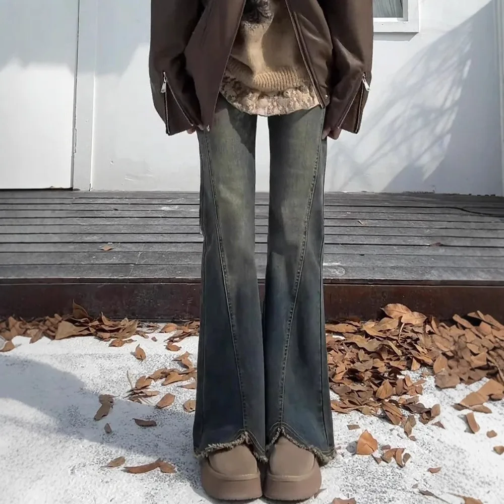 

Американские ретро-джинсы с высокой талией и расклешенными штанинами для женщин, весенне-осенний стиль, маленькие размеры, повседневные, утягивающие, джинсы-клеш