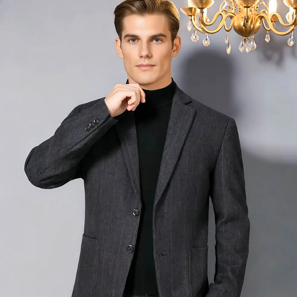 

Autumn Winter Men Sheep Wool Blazers Camel Gray Vertical Stripe Pattern Suit Jackets Male Cashmere Outfits Business Casual Look