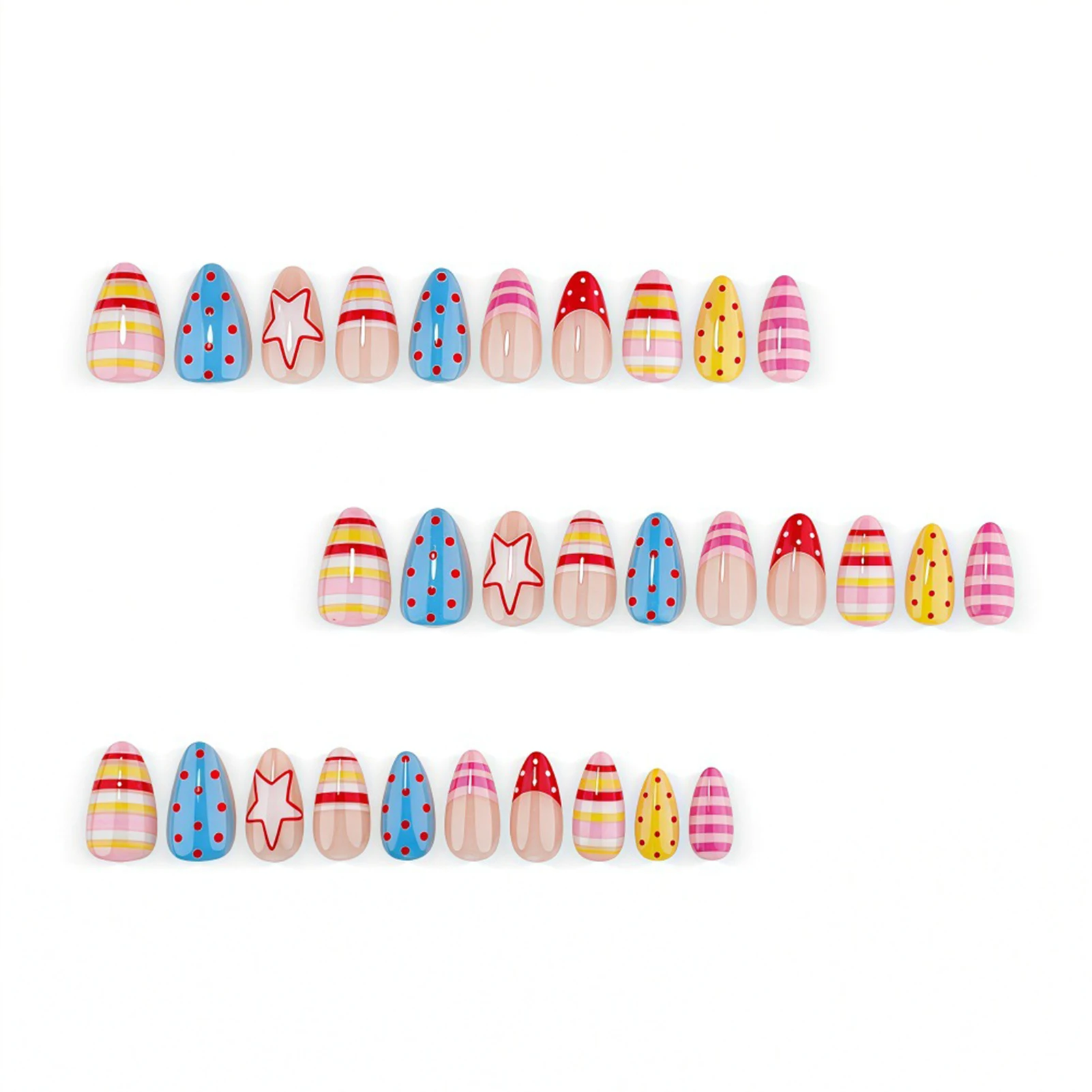 Cute Press On Nails Macaron Stripe Polka Dot Star Pattern for Party Daily Wear Short Almond False Nail Tips 30Pcs Kit