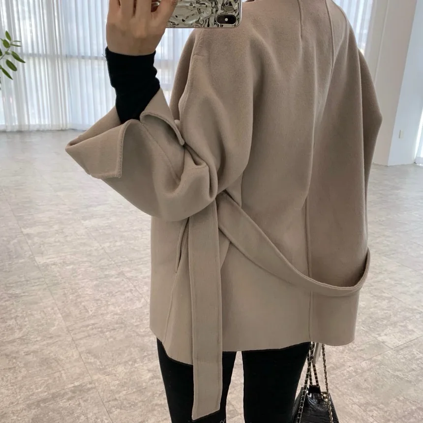 معطف صوفي نسائي بسيط فايون الخصر مقصوص فضفاض مع حزام ort Top Ele Personali معطف شتوي طويل Sve