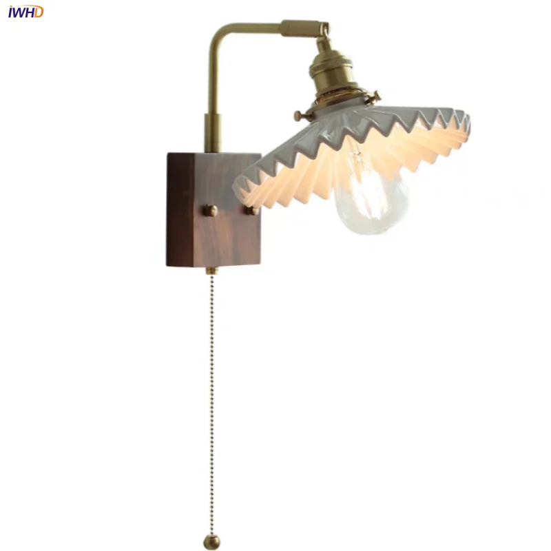 IWHD Nordic Modern LED Wall Lamp Living Dining Room Walnut Wood Rotatable Ceramic Copper Pull Chain Switch Bathroom Mirror Light