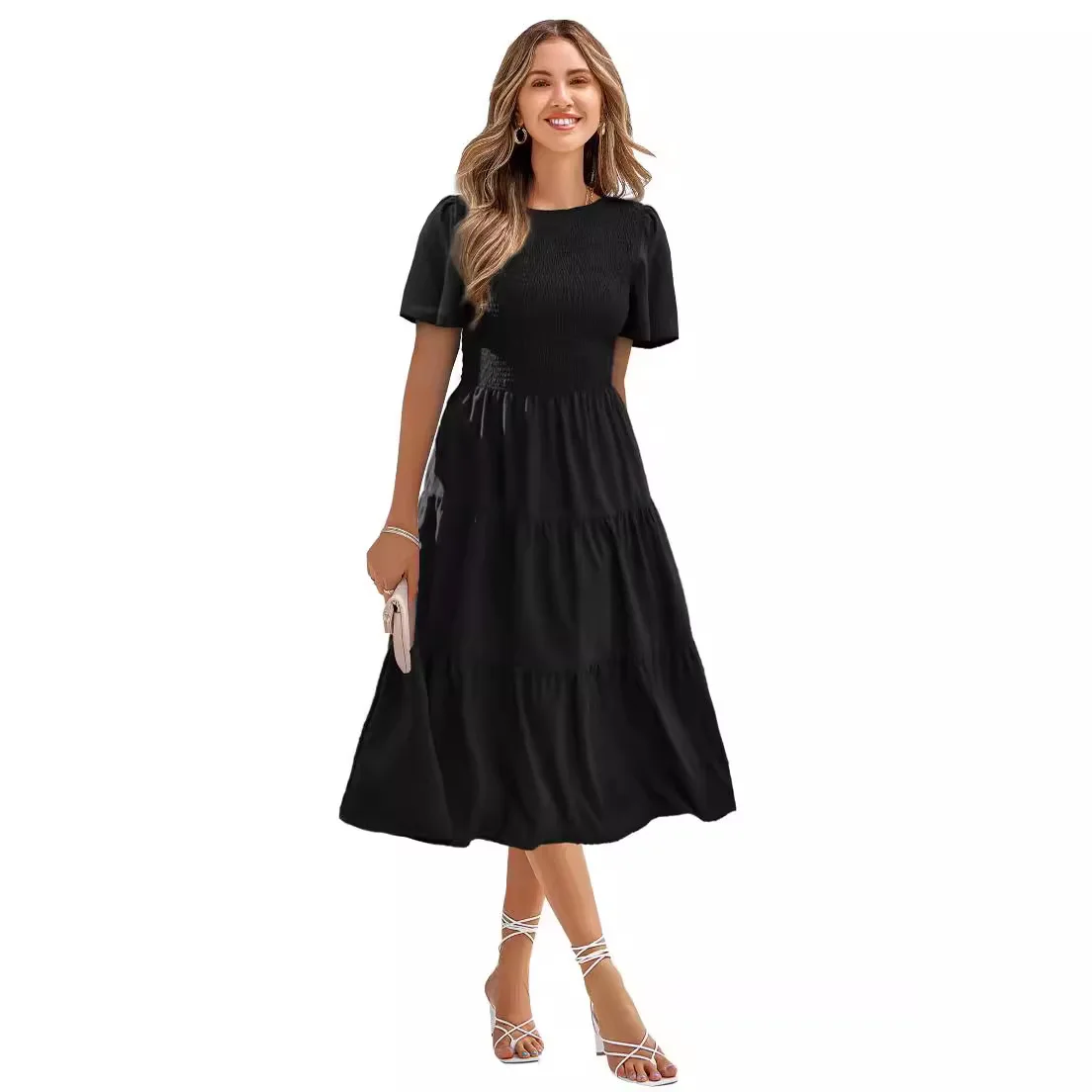 Vestido Midi feminino com decote redondo, manga curta folhada, bainha de babados, vestido verde elegante de festa, roupão praia, primavera, verão