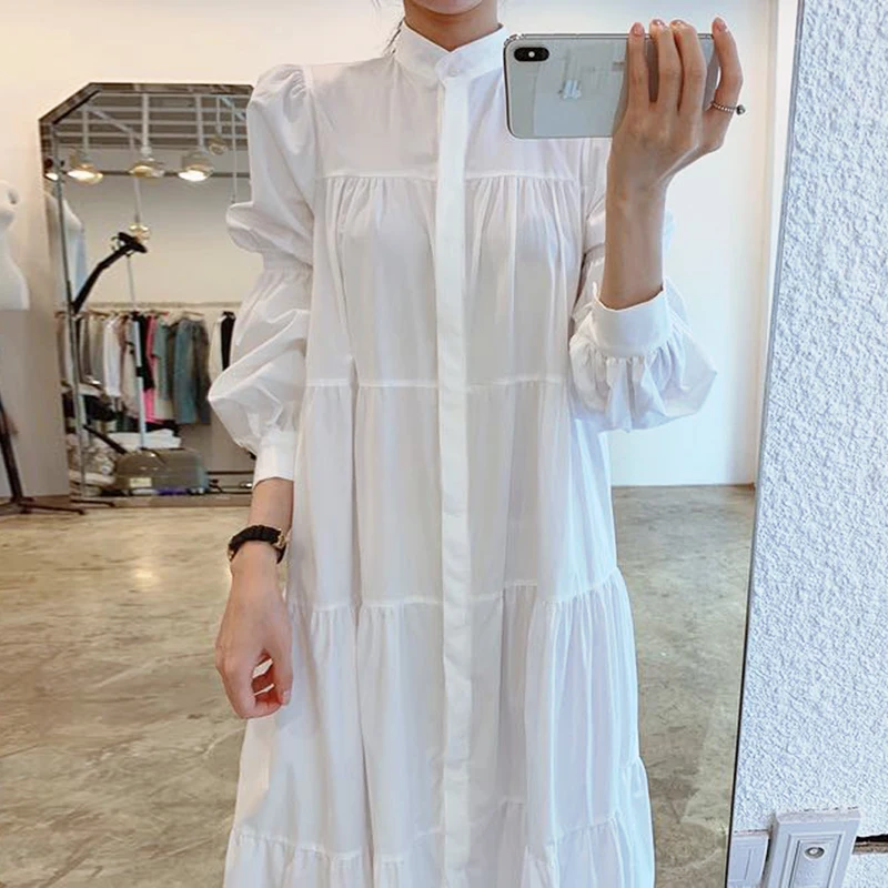 E y Chic Vestido Csero con Cuello Alto y Mangas Abullonadas, Falda Larga, Estilo Hoado para Mujer, Versión Corean...