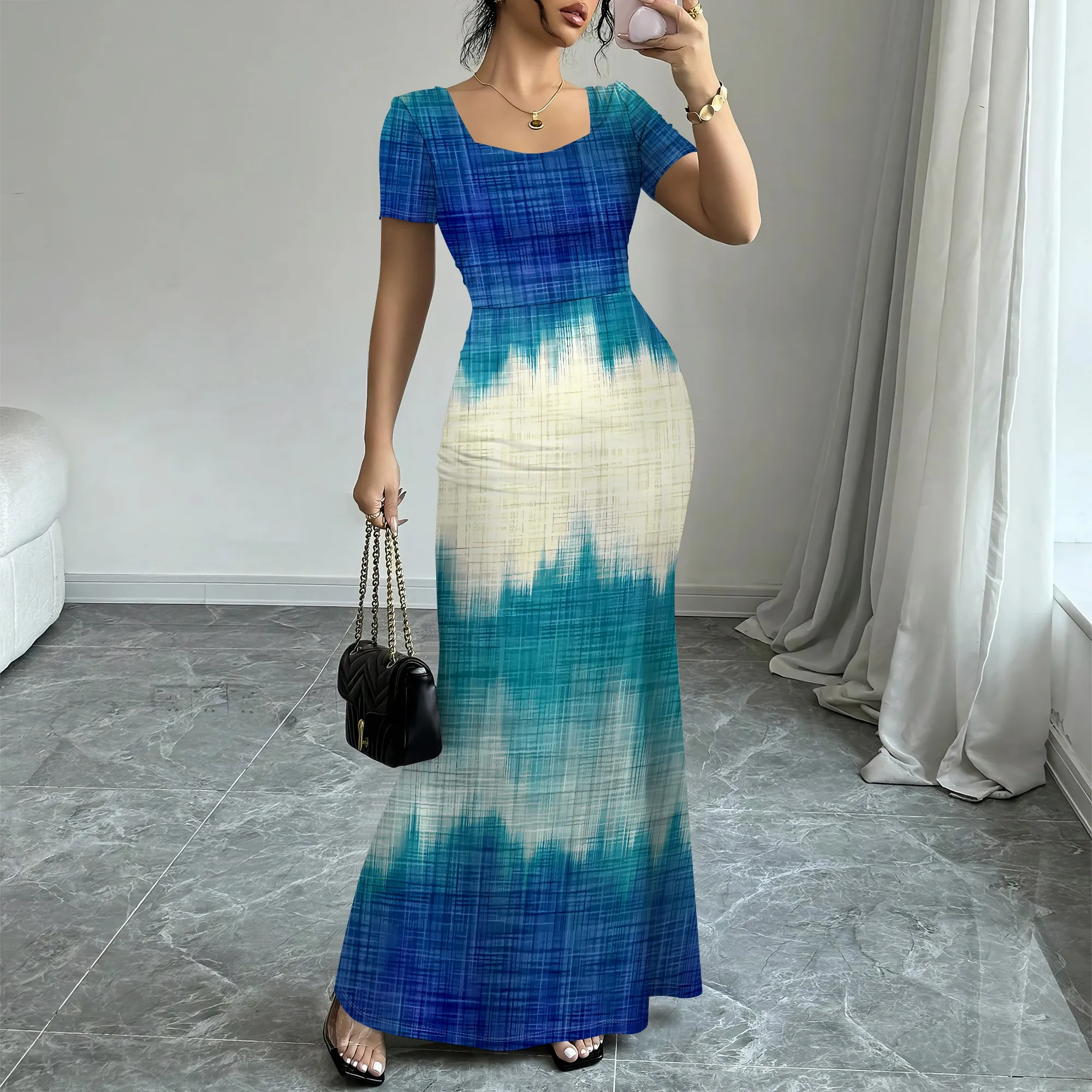 

EQQZD Stylish Colorful Tie-Dye Print Fishtail Dress, Short-Sleeved & Square Neck, Standard Size Mermaid Tail Maxi Dress