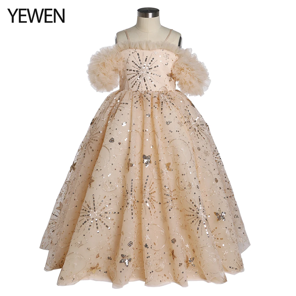 Sparkle Stars Tulle Flower Girls Dresses for Wedding Party Princess Children Photo Shoot Gown Celebrity Dress YEWEN