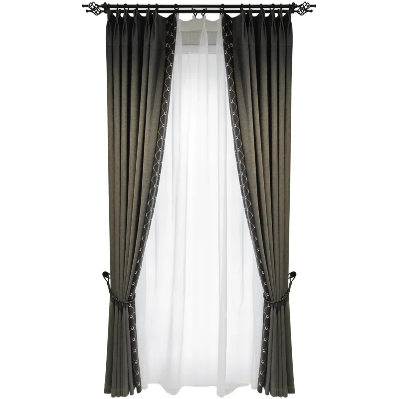 Modern light luxury dark chenille curtains simple living room bedroom balcony floor-to-ceiling window blackout finished custom