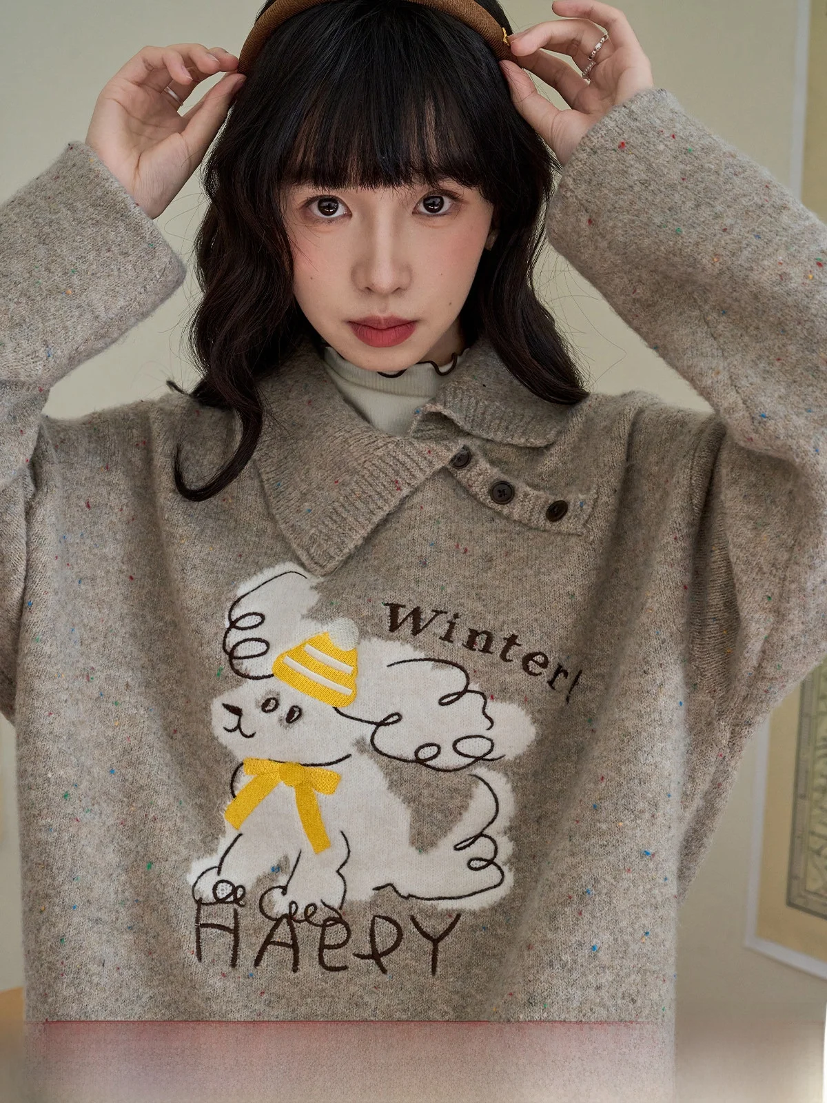 

Loose Knitted Long Sve Embroidered Dog Collar Sweater for Women Winter New Sle Casual Comfortable Inner Wear Top