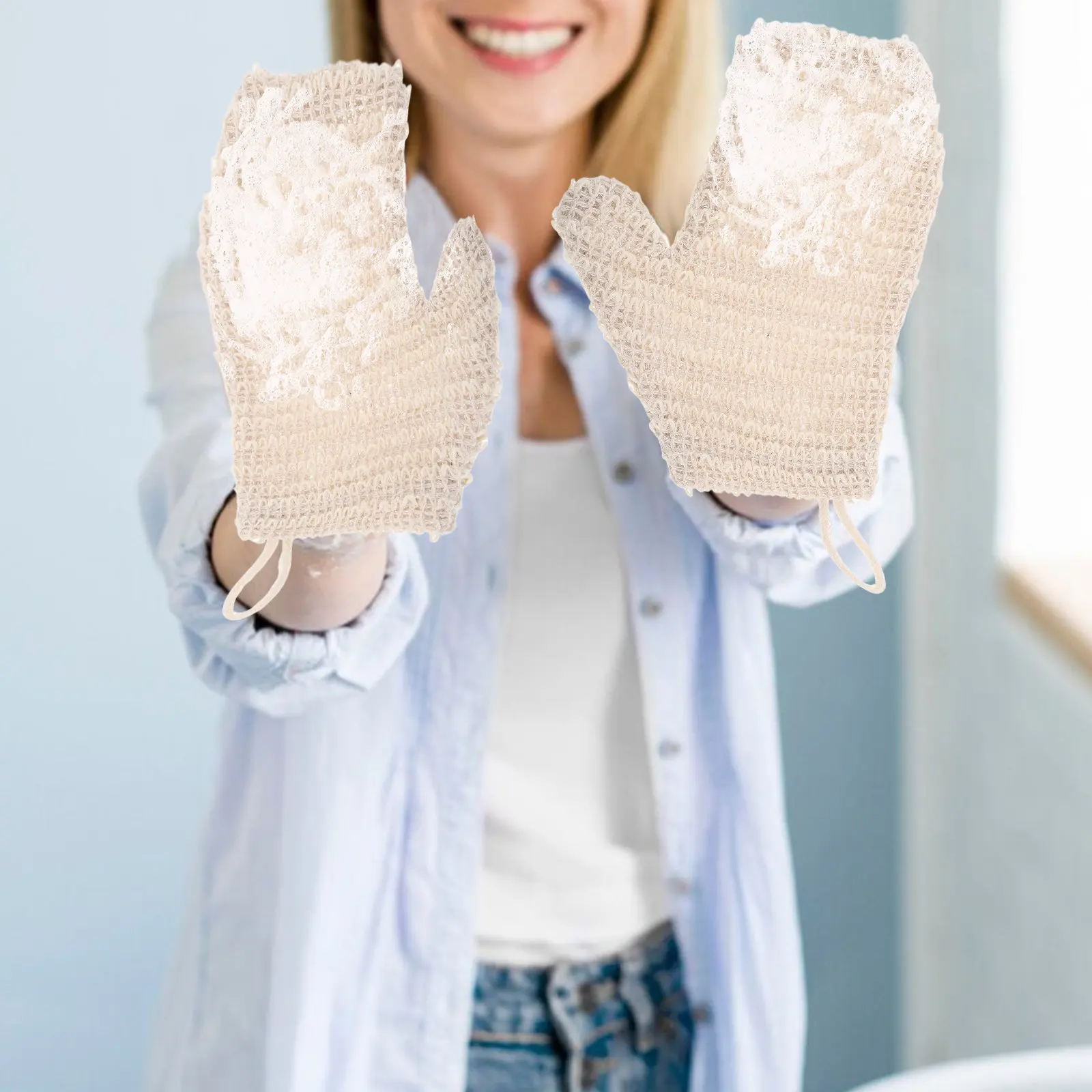 2Pcs Body Scrub Gloves Cotton Linen Double-Sided Exfoliating Shower Mitt Reusable Bath Scrubber Spa Gloves for Women Men