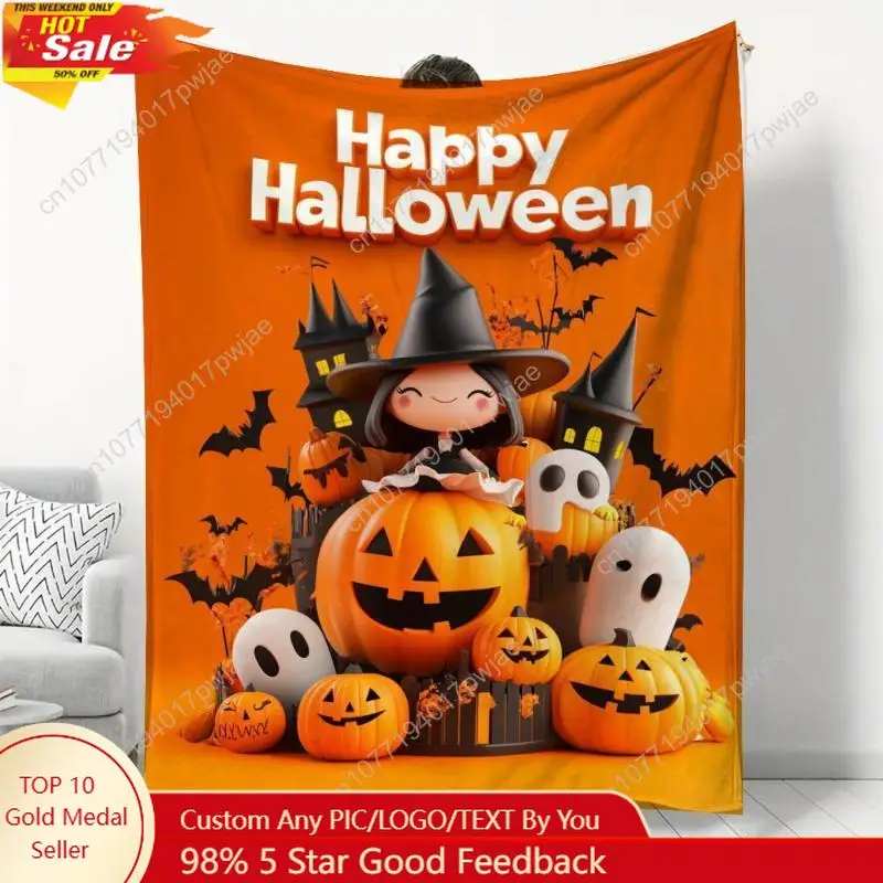 

Halloween Girl Wore A Witch's Hat And Held Pumpkin Throw Blanket Lightweight Soft Flannel Blanket Suitable Custom Blankets