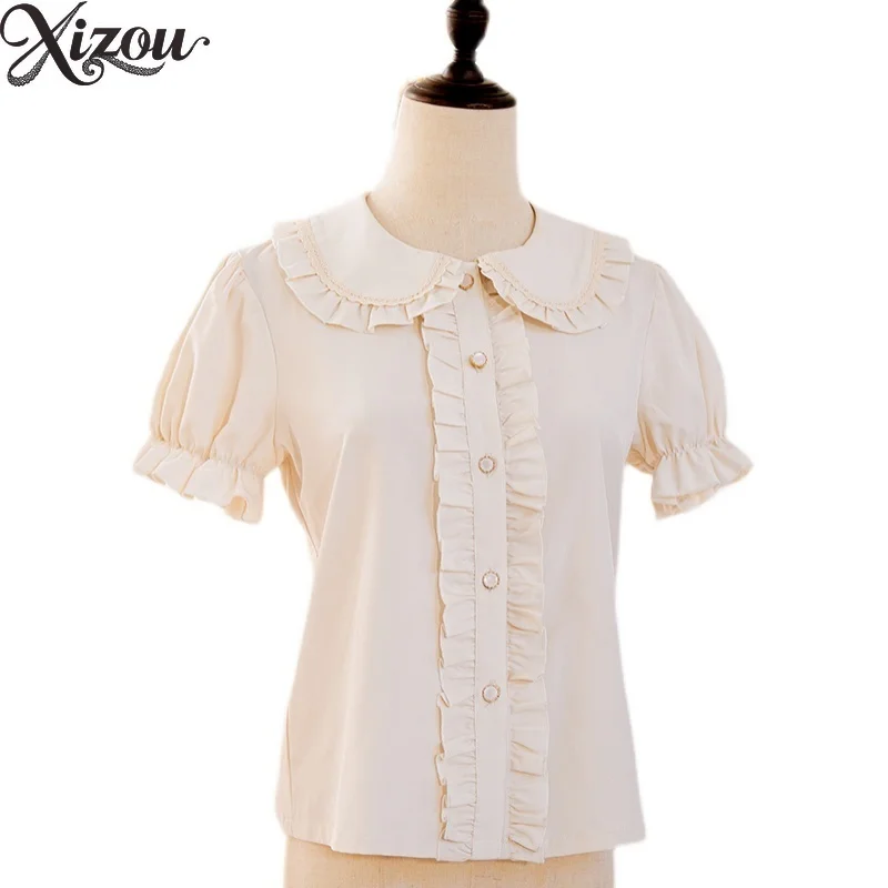 Camisa informal De moda De Color puro estilo Lolita, Tops De verano para Mujer, Tops elegantes De manga corta para Mujer 2025