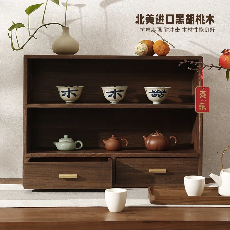 Factory Direct 2026 Black walnut desktop storage cabinet, side cabinet, multi-layer tea set, cup, Chinese solid wood storage rac
