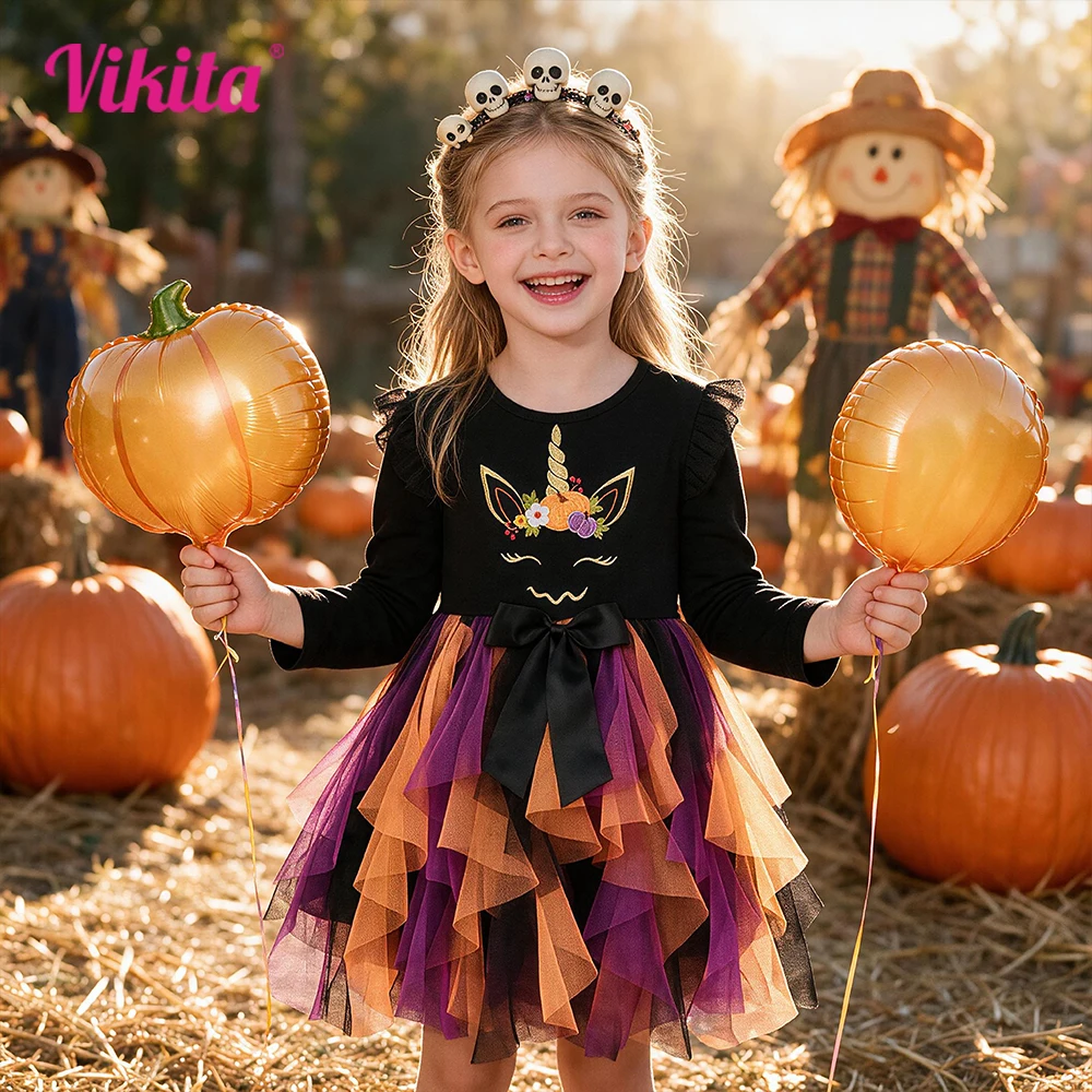 VIKITA Girls Halloween Dresses Kids Licorne Pumpkin Embroidery Bow Knot Dress Kids Festival Holiday Cosplay Party Tutu Dresses