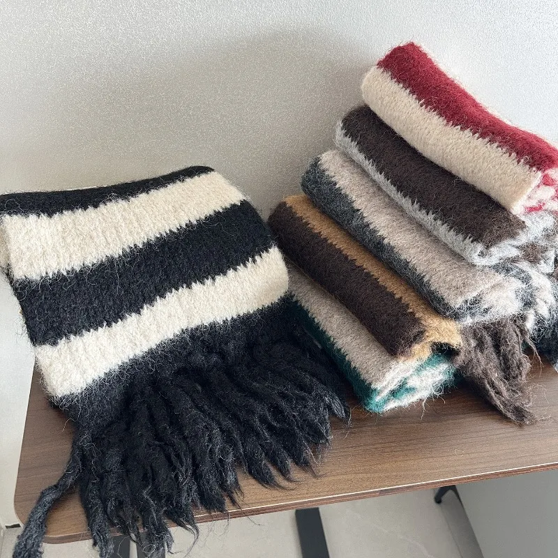 

Зимний теплый длинный вязаный шарф с бахромой и полосками, флисовая милая теплая шаль, утолщенный теплый длинный шарф