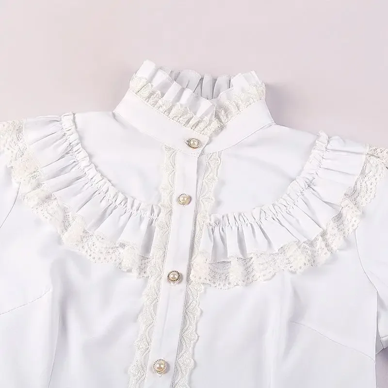 Camisas blancas con volantes Vintage para mujer, blusas estilo pijo japonés con lazo de Lolita, blusas ajustadas de manga larga negras con retazos de encaje gótico