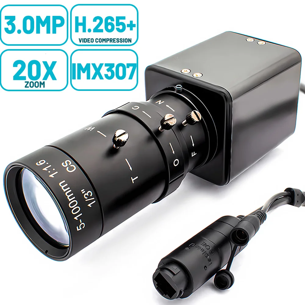 

POE IP Camera Industrial Metal Box IMX307 CMOS With 10X 20X Zoom Varifocal CS Lens Support RTSP RTMP Onvif H.265 For HomeMonitor