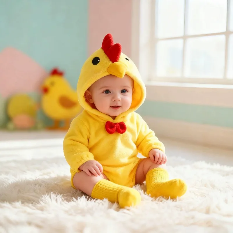 Newborn Infant Baby Yellow Chick Hooded Romper Plush Fleece Jumpsuit Red Comb Bowtie Warm Winter Cosplay Costume Playsuit 0 24M