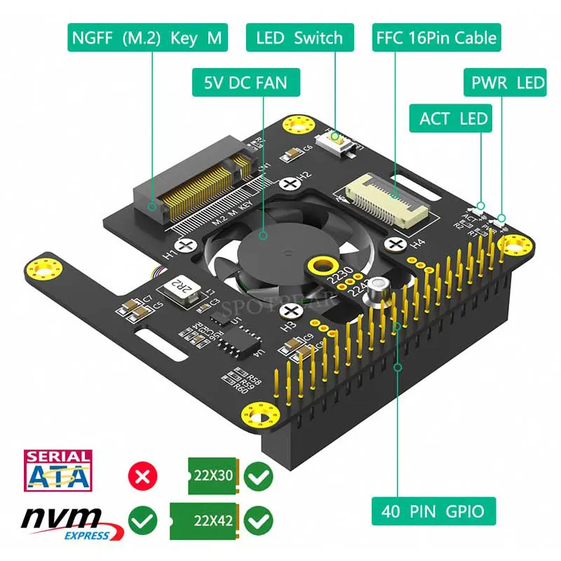 Raspberry Pi 5 PCIe to M.2 NVMe SSD Hat 3in1 Gen2 & Gen3 standards  Automatic Discoloration LED With Fan Size 2230 2242