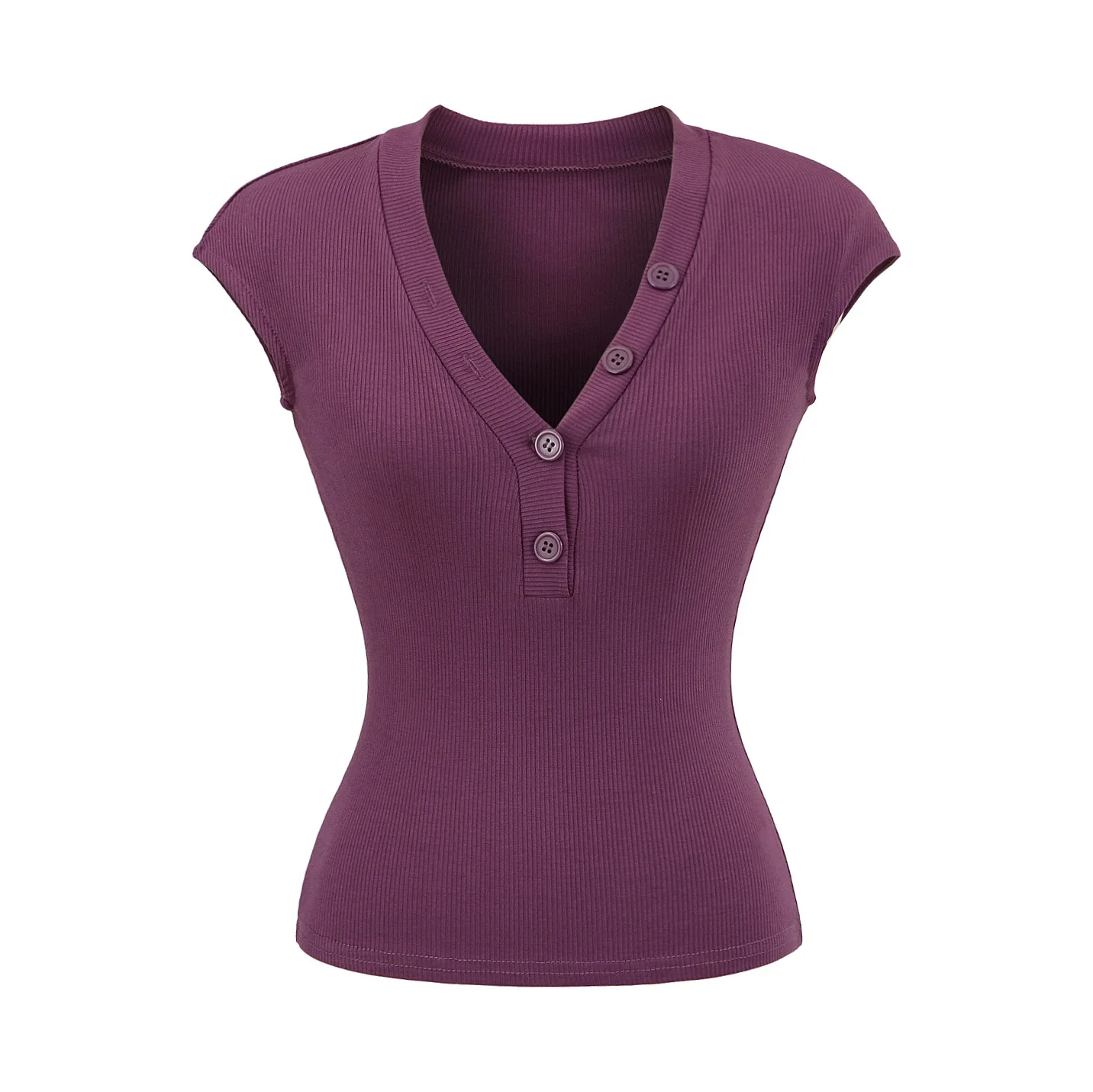 Paperman's gentle temperament V-neck buttoned short-sleeve top with small flutter sleeves versatile slim-fit waist-cinching QTY3