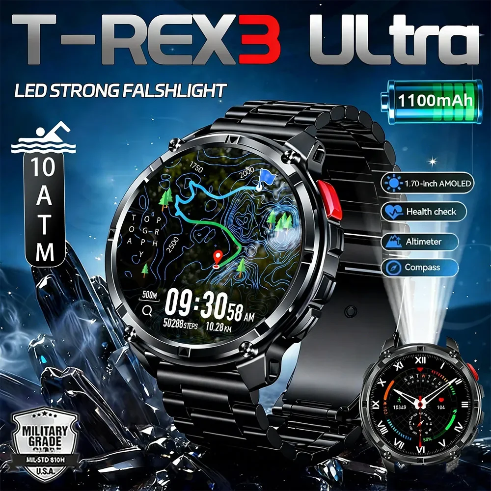 

Новые смарт-часы T-REX3 2026 года с аккумулятором 1100 мАч, водонепроницаемостью 10ATM, компасом, альтиметром, HD-Bluetooth-звонками, спортивным фонариком для мужчин