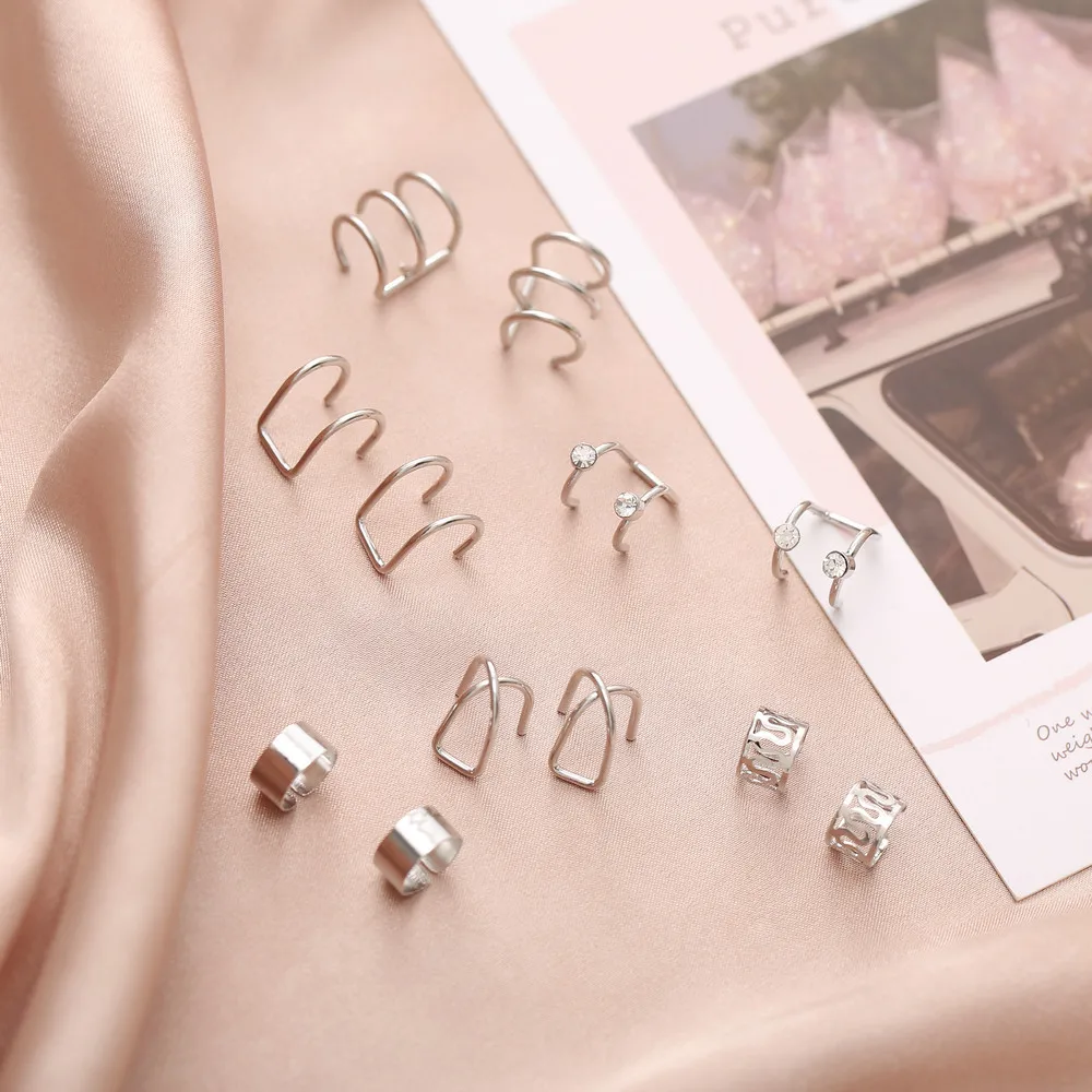 Trendy 12Pcs Ear Clip Set Creative Simple C-Shaped Letter Pierced Ear Clip for Women Geometric Jewelry Gift Silver Color