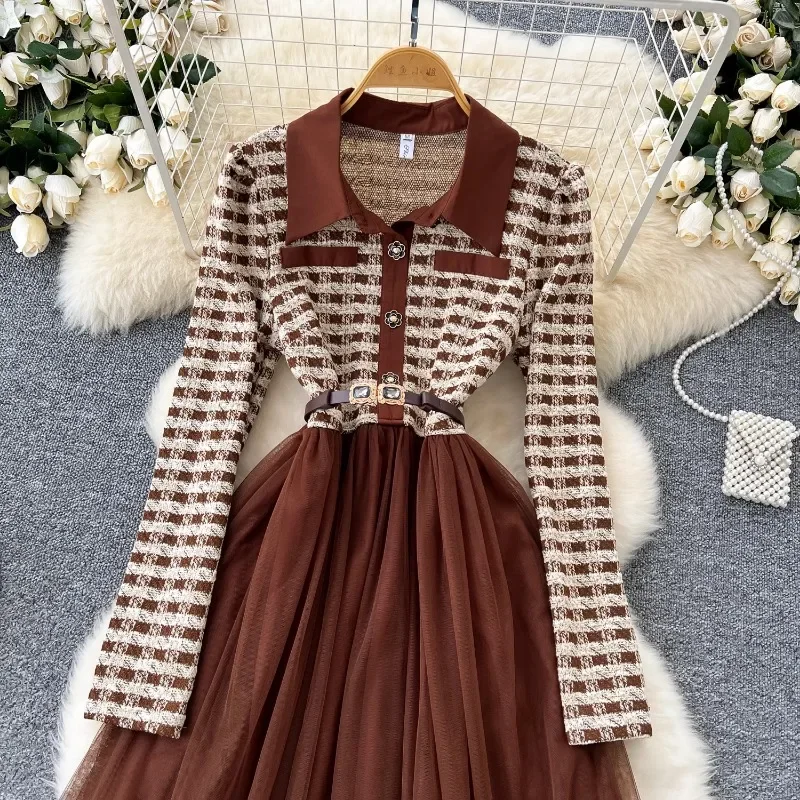 Neploe High End Fragrance Vintage Style Vestidos Femme 2024 Autumn Lapel Long Sleeve Plaid Splicing Waist Slim Mesh Puffy Dress