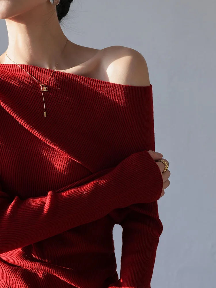 

Женский вязаный свитер JWUNIQUE с длинными рукавами, красный, с асимметричным воротником, базовый топ, приталенный, однотонный, из смесовой шерсти