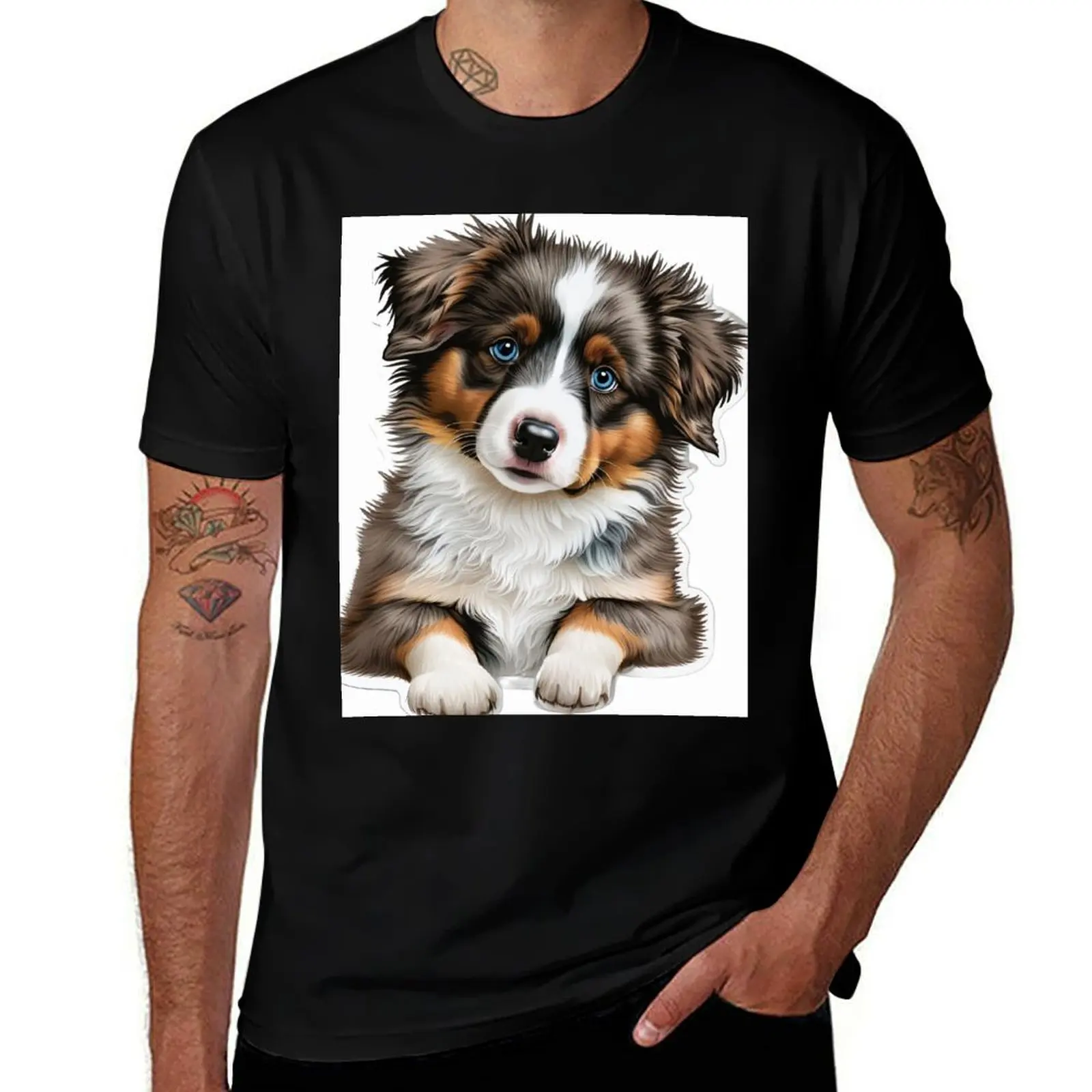 

Adorable Australian Shepard puppy T-Shirt t shirts for man cotton soft funny t shirts dark humor