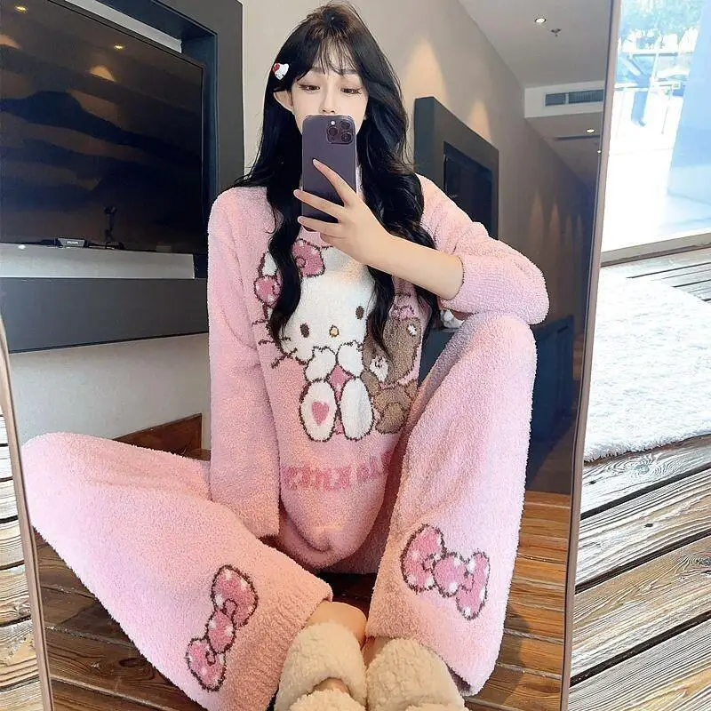 Sanrio meia flanela em torno do pescoço de pelúcia quente e macio roupas para casa das meninas flanela rosa kt gato pijamas feminino outono e inverno conjunto