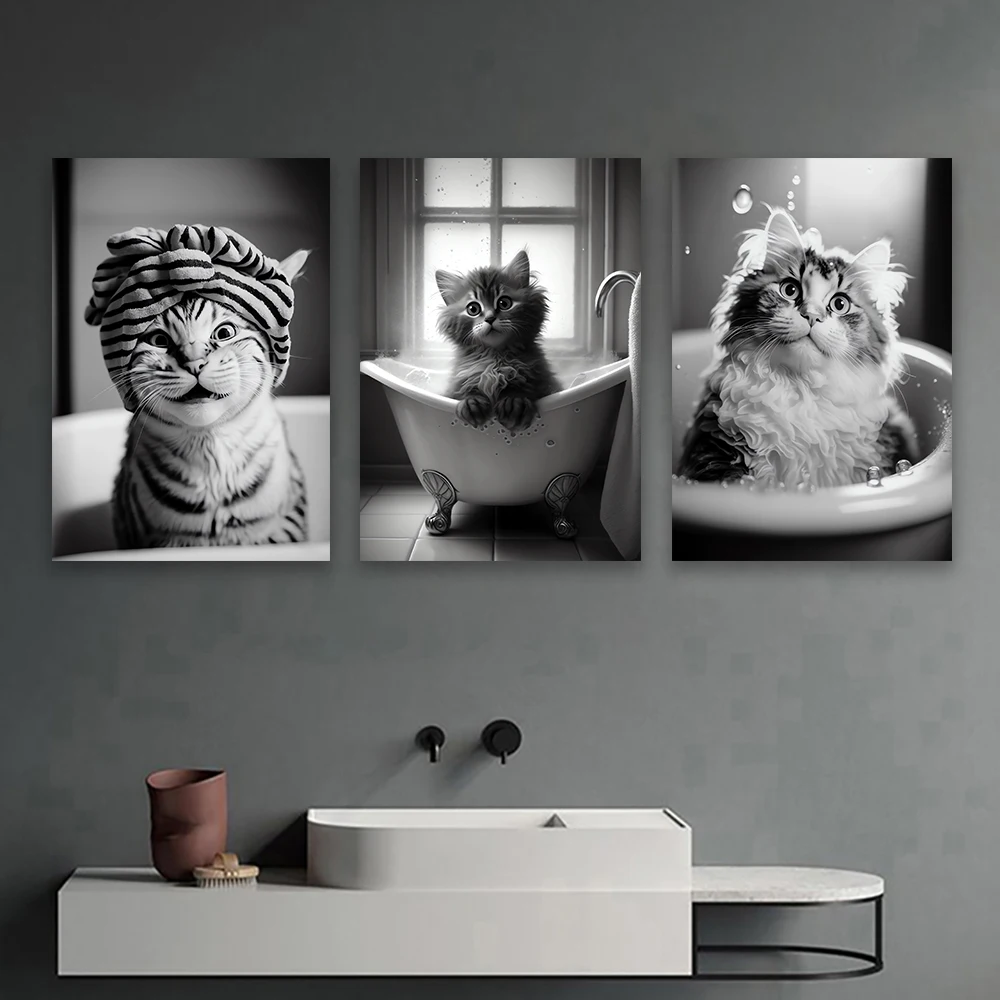 Funny Retro Bathroom Poster Cat Wrapped in Bath Towel Design Canvas Print Bathroom Wall Decor Quirky Humor Art Canvas Painting