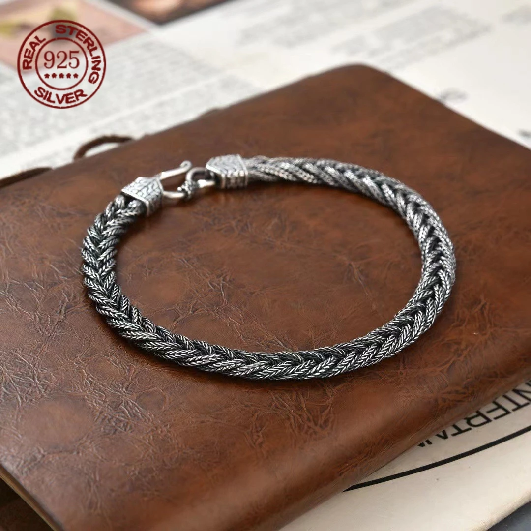 S925 Sterling Silver Vintage Twisted Braided Bracelet Men Craft Bangle Retro Punk Daily Wear Jewelry Gift