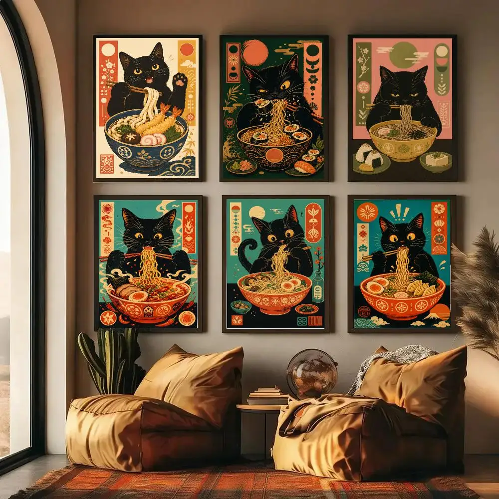 Japanese Ramen Cats Poster Wall Decor Self-Adhesive Aesthetic Modern Vibe Stylish Gift Friends Living Room Bedroom