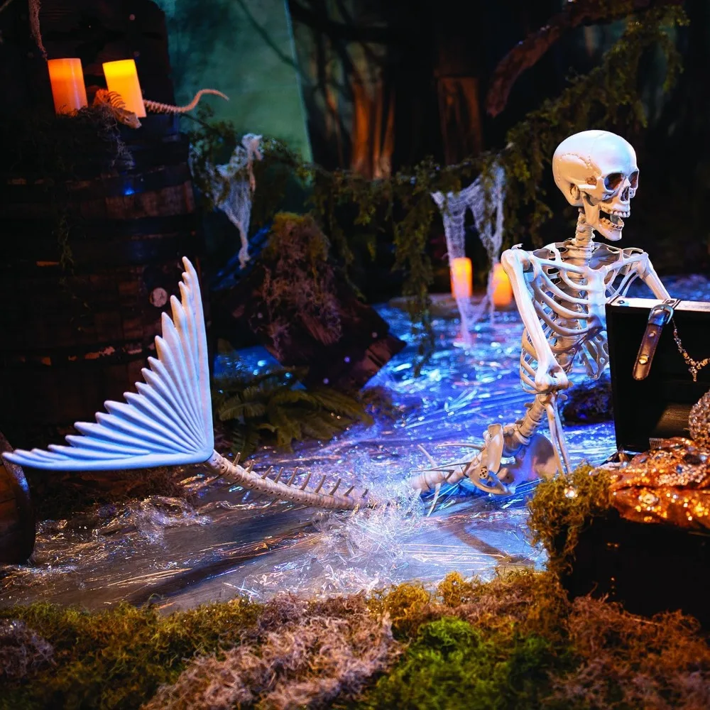 73", 6 Ft, Life Size Original Mermaid Skeleton decor Halloween Decoration, Plastic, Posable, Outdoor and Indoor Use