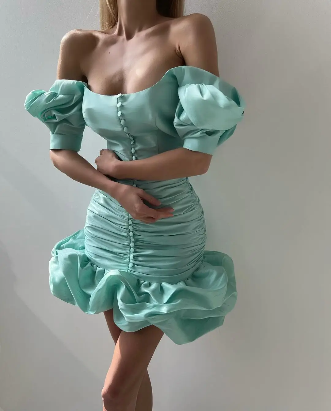 Chic Pleated Mint Aqua Short Prom Gown 2024 Party Dresses with Buttons Slim Women Formal Occasion Dress Vestidos de fiesta