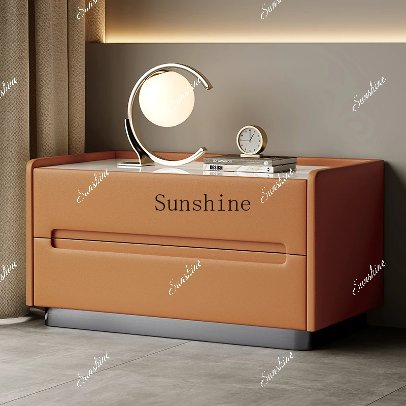 Light luxury Italian cream style large apartment bedside table solid wood rock slab leather locker  FT