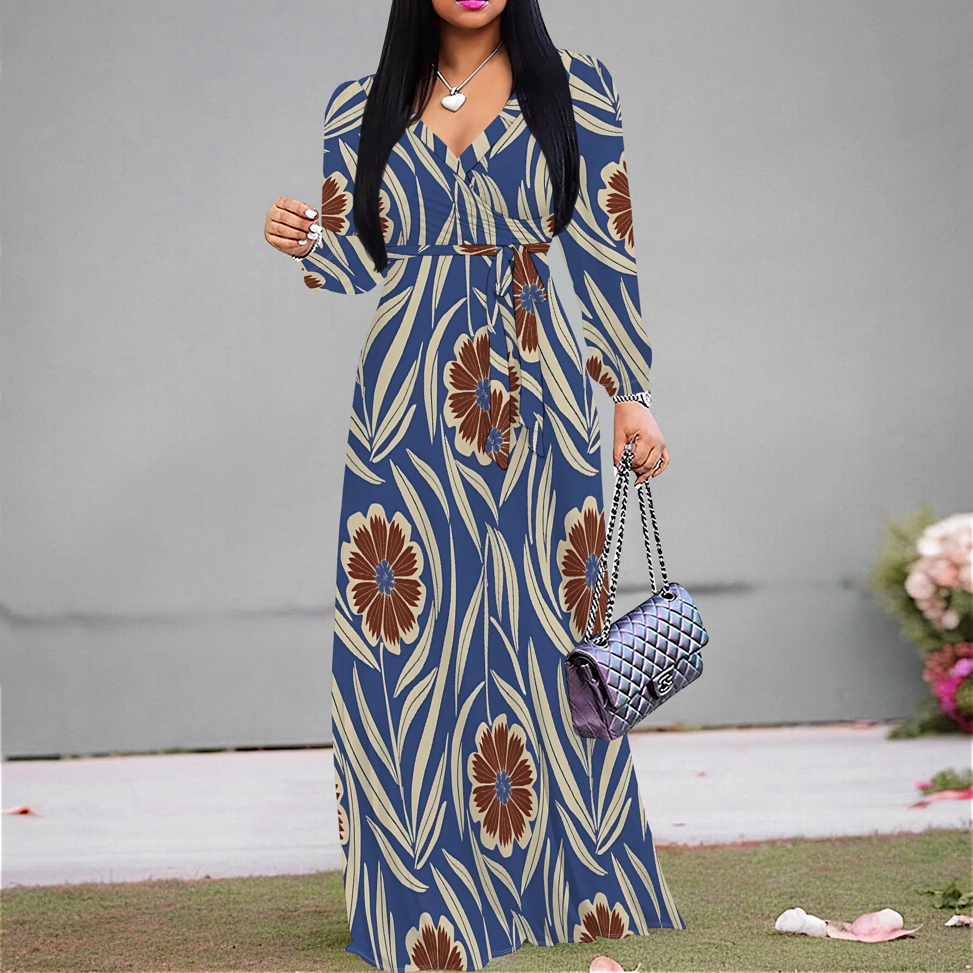 

Nupusa Floral Print Dress for Women Standard Size Summer Casual V Neck Long Sleeve Maxi Dress