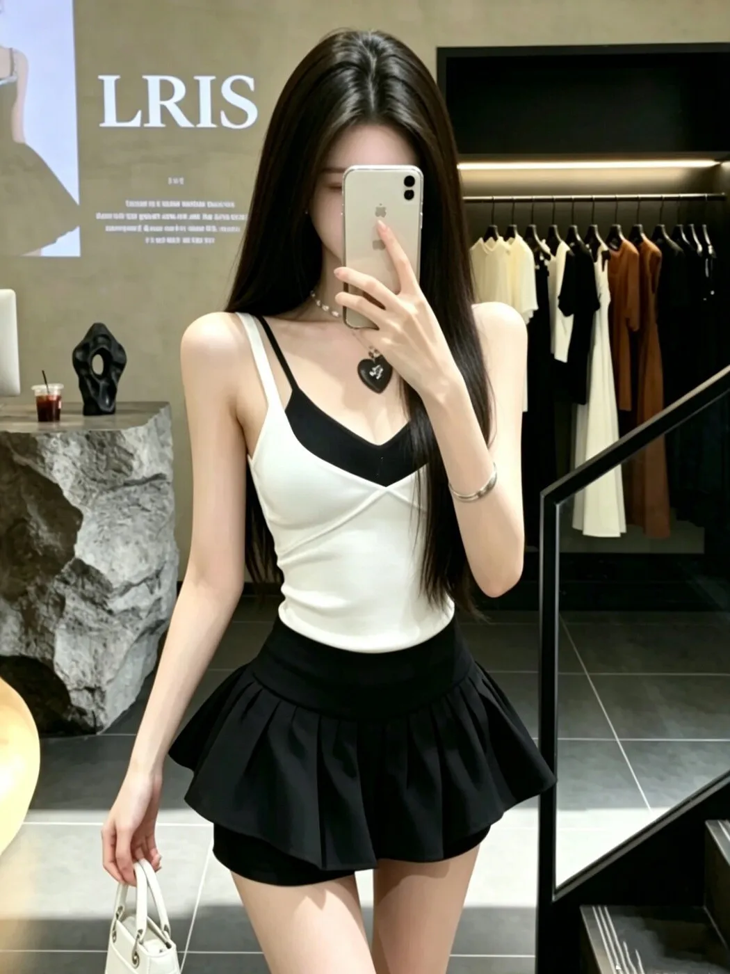 Korean Design Color Block Fake Two-Piece Strap Vest Women Summer Spicy High Waist A-Line  Skirt Set Slimming Effect
