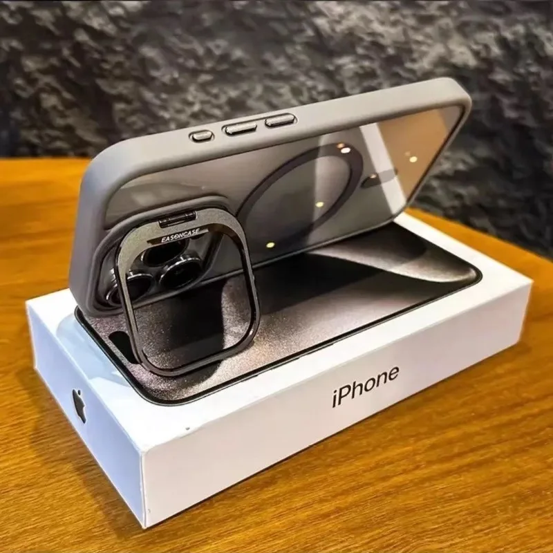 Luxury Lens Stand Clear Phone Case for iPhone 16 15 14 Plus 13 12 Pro Max 11 With Lens Film Protect Back Magnetic Cover Funda