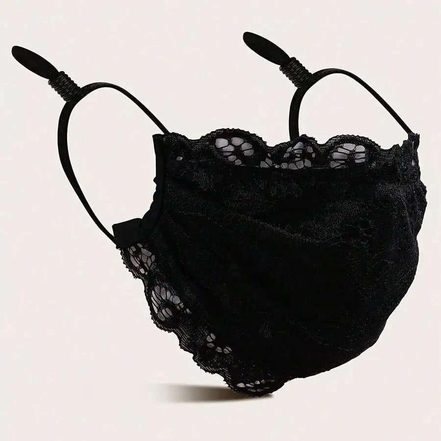 

Stylish Black Lace Floral Mesh Face Cover For Adults, Reusable With Adjustable Elastic Ear Loops, Decorative Party Wear