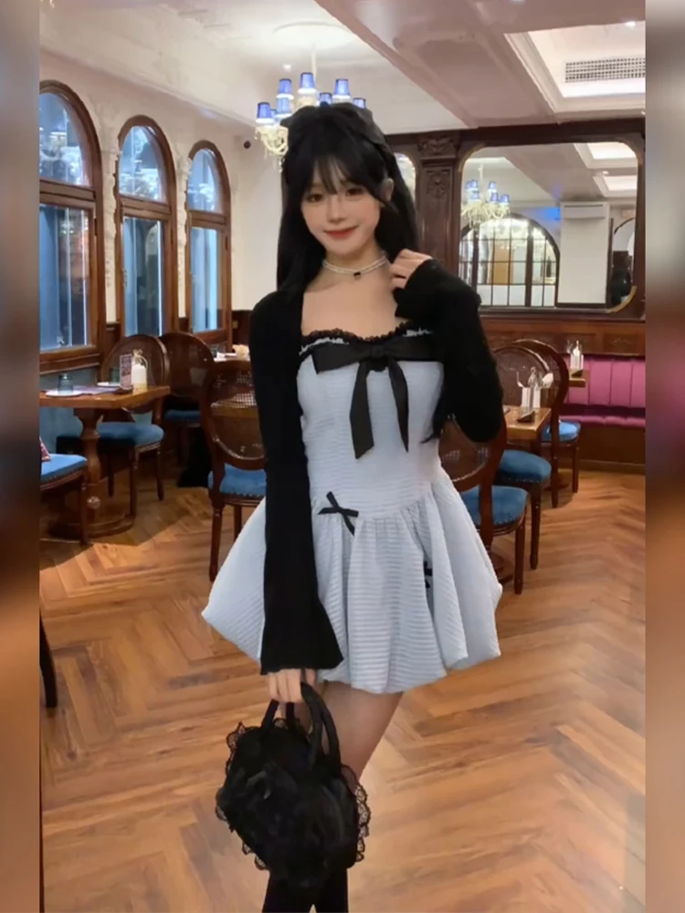 

Sweet Spicy Knot Waist Cinched Halter Dress Women's Short Cardigan Puffy Short Skirt Two Piece Set Korean Style A-L...