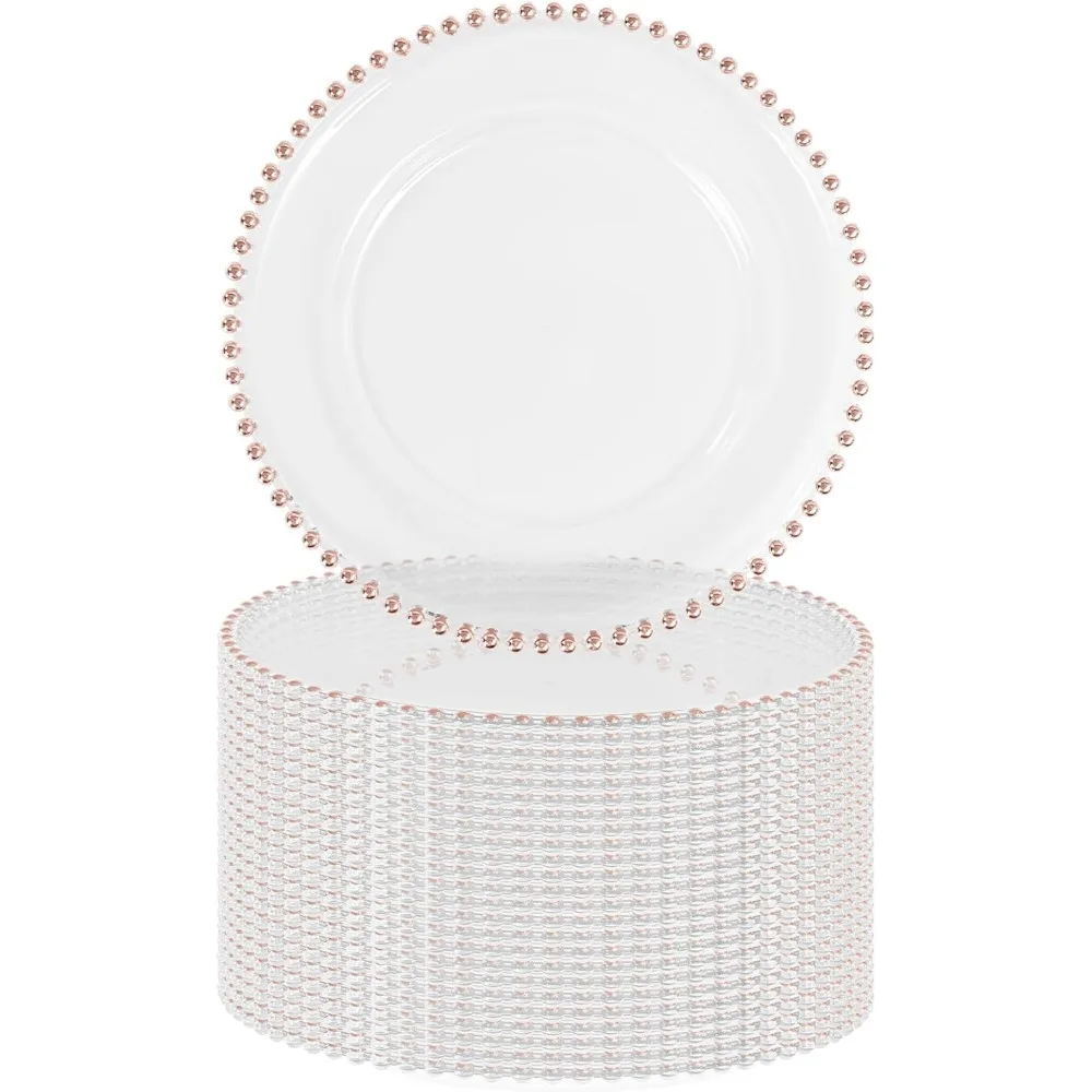

24 PCS Clear Round Charger Plates with Beaded Rim, 13 Inch Plastic Acrylic Plate, Plastic Round Beaded Dinner Decorative Service