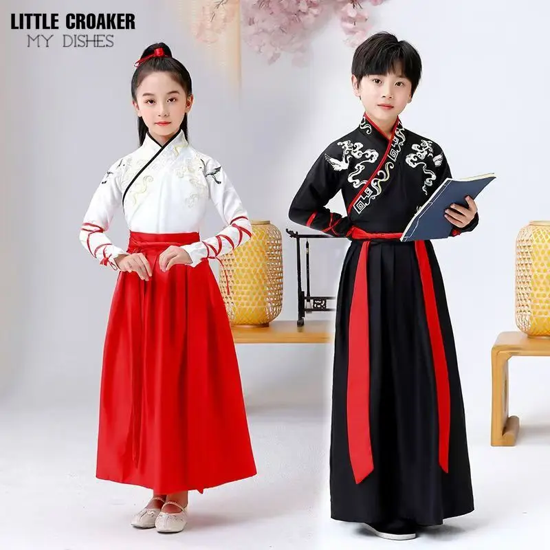 Ancient Chinese Children Traditional Costume Boys and Girls White Black and Red Hanfu Cosplay Dress for Halloween Kids Cosplay