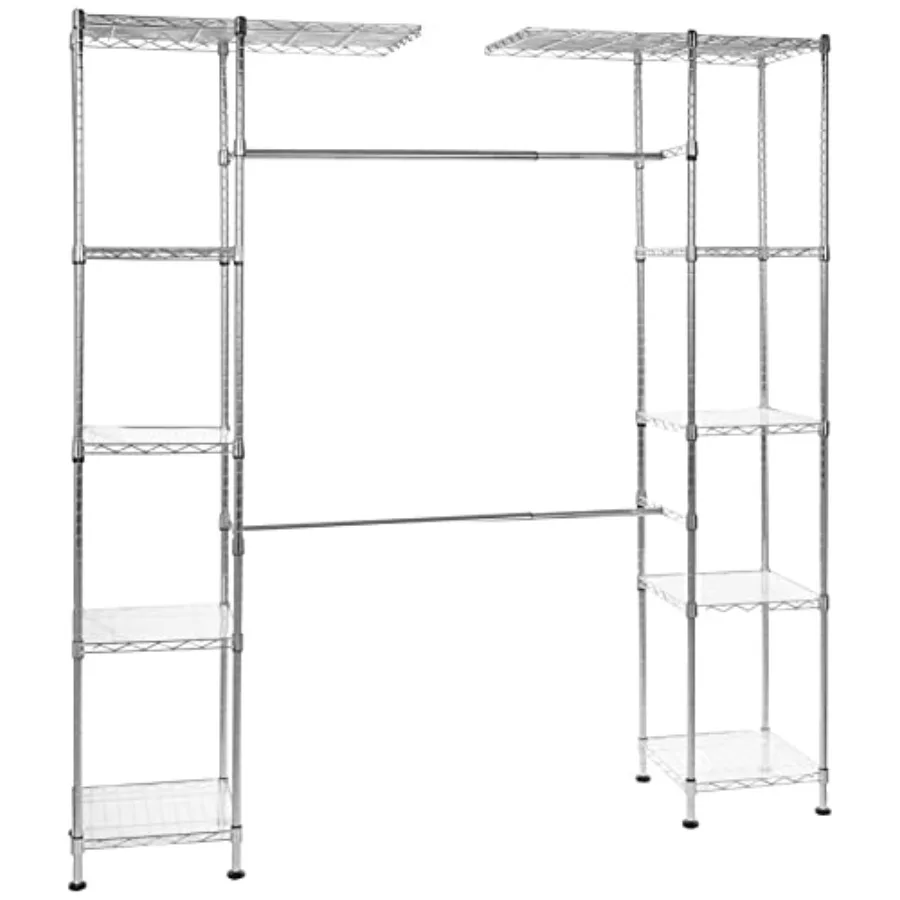 

Expandable Adjustable Metal Closet Organizer with Hanging Rod, Clothes Rack, Shelves, 57-80 x 14 x 72 inches LxWxH,Chrome