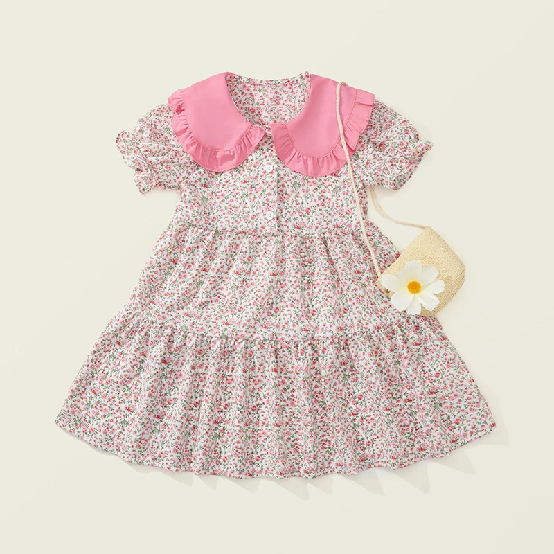 Baby Girls Dress Kids Summer Cute Flowers Dress+Inclined Shoulder Bag 1-8 Years Old Children Fashion Doll Collar Princess Dress image 4