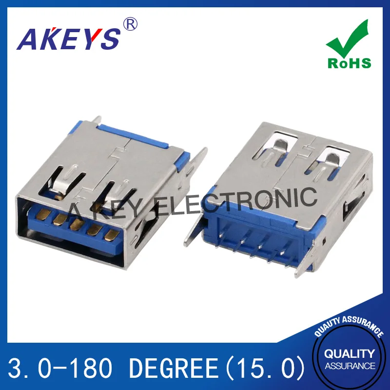 AF3.0 USB 180 Degrees 15.0mm Straight Leg Seamless Vertical Flat High-Speed Blue Rubber Core 9-Pin Female Connector Socket
