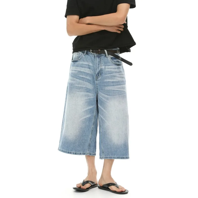 Men's Retro Old Cleanfit Wide Leg Pendant Cat Beard White Denim Cropped Pants
