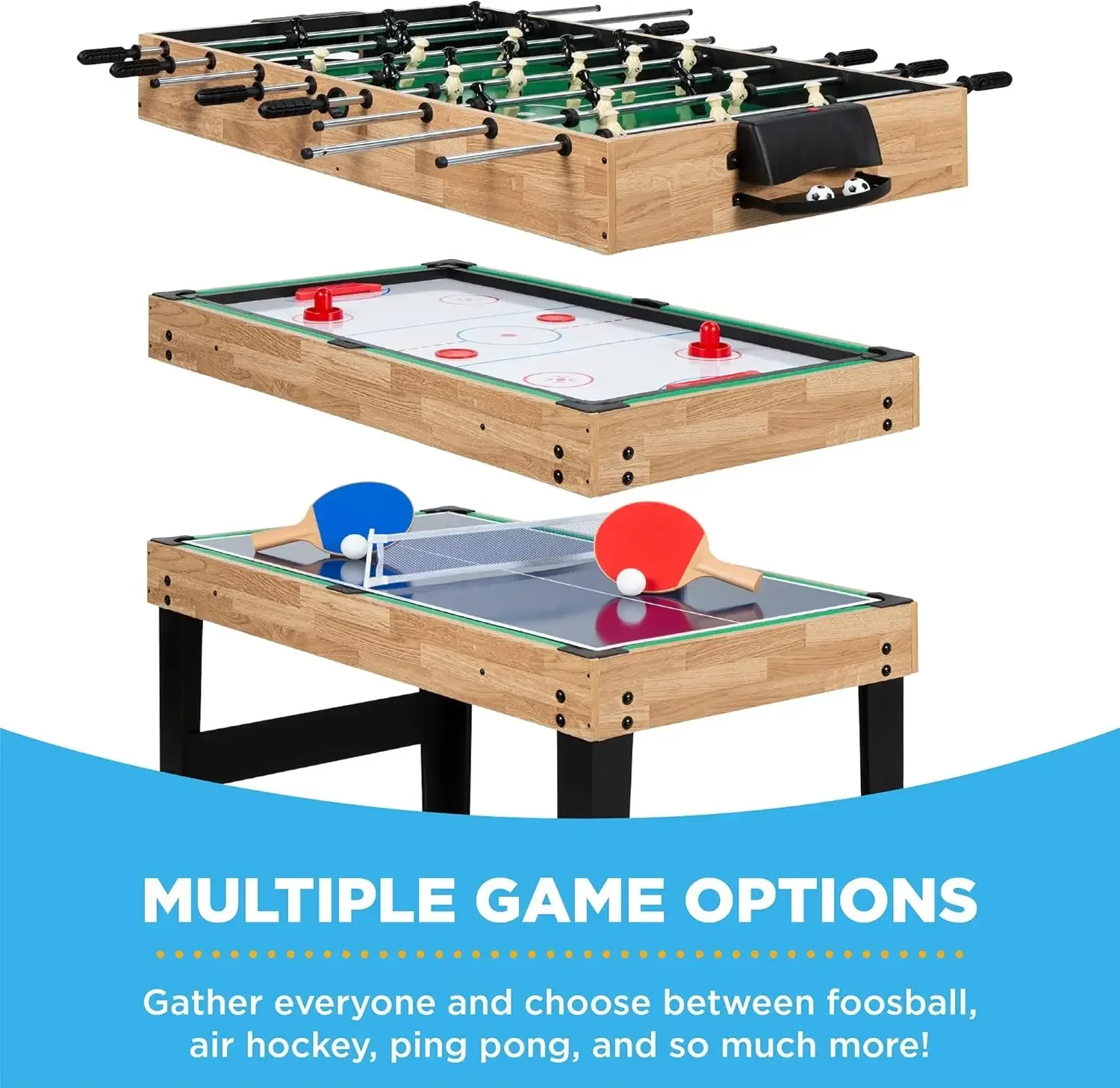 Set meja permainan Combo 2x4ft 10-in-1 untuk rumah, ruang permainan, teman & keluarga dengan hoki, Foosball, Pool, Shuffleboard, Ping Pong