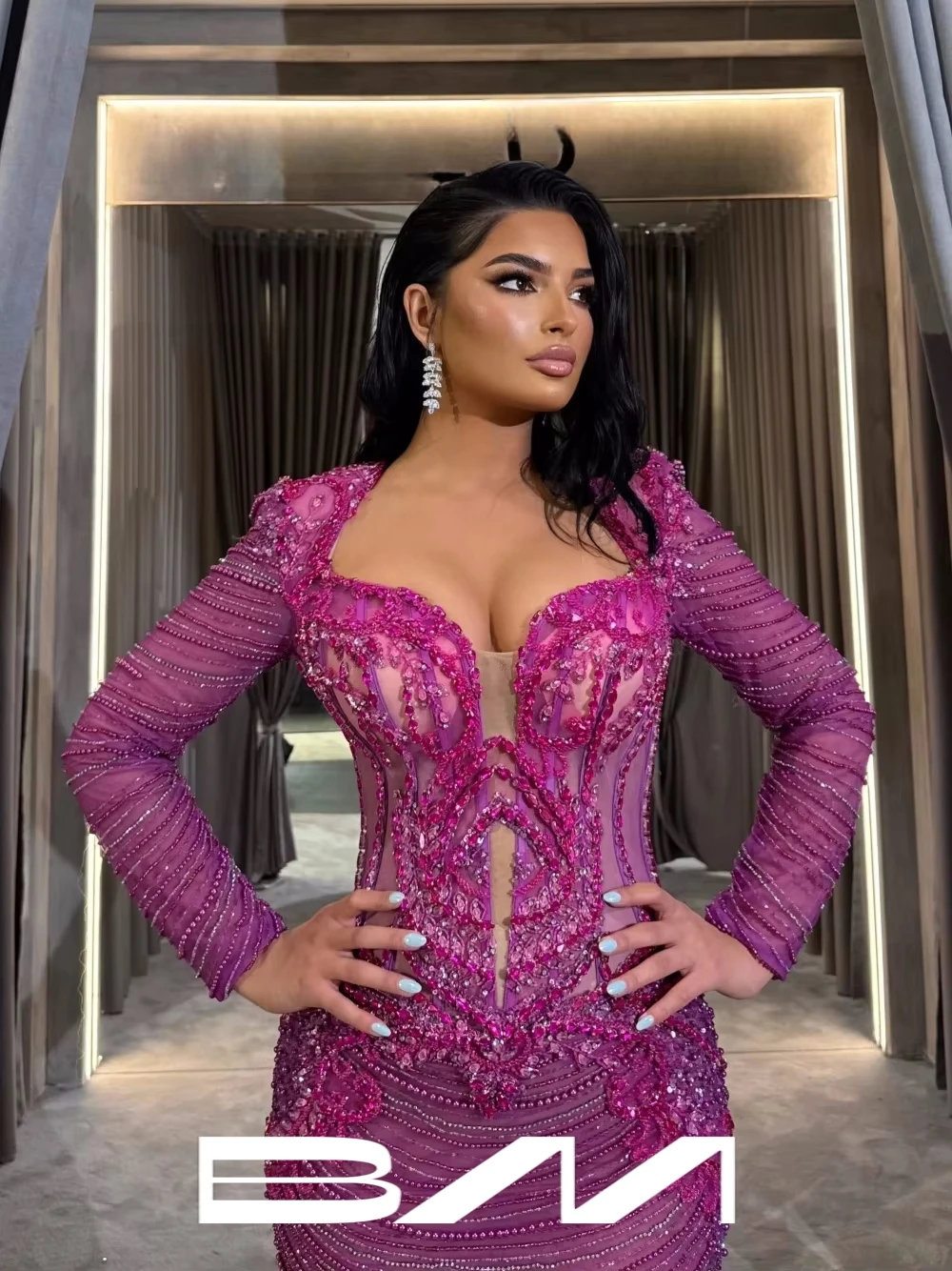 

Fuchsia Mermaid Corset Evening Dress Shimmer Beads Lines Exquisite Prom Gown Customized Sexy Sweetheart Neck Party Women Wear