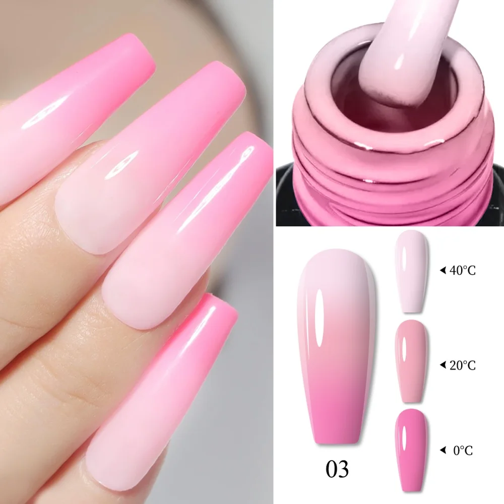 Visuatia pink-white temperature-sensitive nail gel uses temperature sensing to change color, displaying various shades such as milky white, light pink, and bright pink in both cold and warm conditions. The gel texture