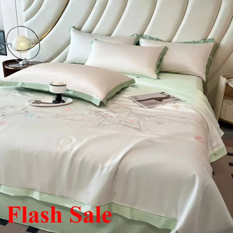 

New washed silk embroidered summer quilt 4-piece dormitory single summer cool quilt bed sheet pillowcase machine washable