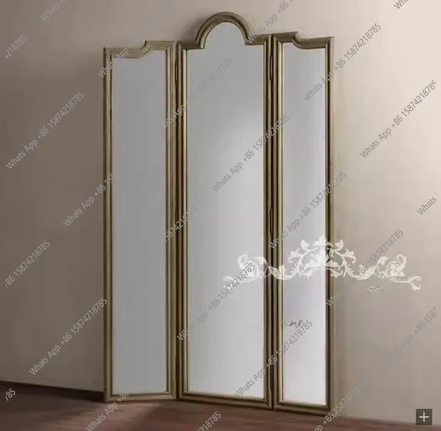 I Retro Modern Three-sided Folding Floor Fitting Mirror American Rural Solid Wood Full-length Mirror Floor Mirror